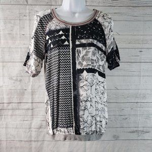 Cecil Womens Printed Top Sz Medium Black Gray Floral Short Sleeve Cotton Blend